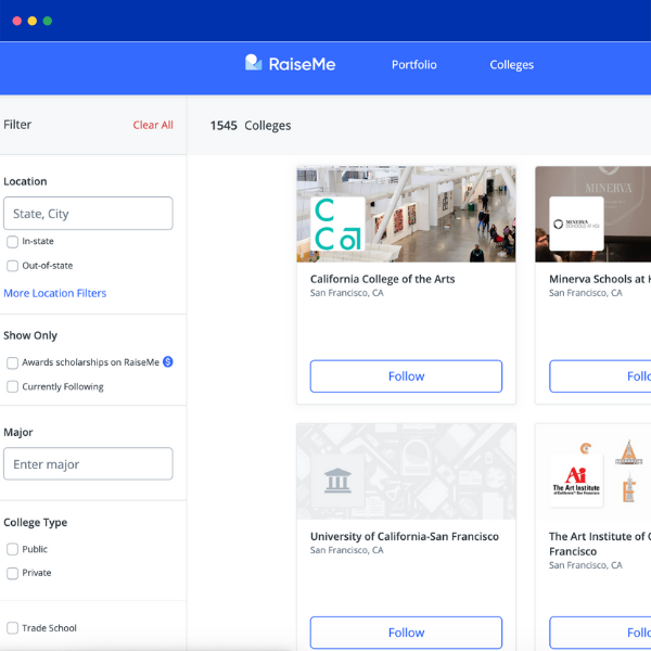 With RaiseMe’s college discovery tool, you can filter for what features of a college matter most to you, such as major or location. Check it out to start building your college list, which you can then add to your Common App dashboard.